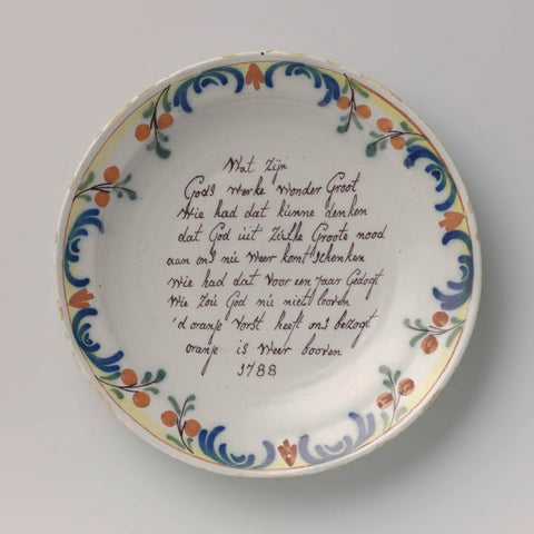 Plate, painted with a poem on Prince Willem V, anonymous, 1788 Canvas Print