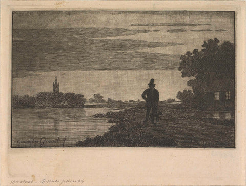 Landschap met man wandelend langs het water, Cornelis van der Griendt, 1858 - 1860 Canvas Print