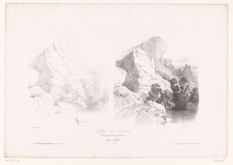 Rocky landscape with ruin and lake, Fortuné Férogio, 1845 - 1846 Canvas Print