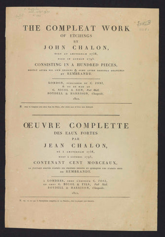 Titelpagina voor: The Compleat Work of Etchings by John Chalon / Oeuvre Complette des Eaux Fortes par Jean Chalon, 1802, Jan Chalon, 1802 Canvas Print