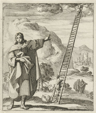 Man pointing at a ladder that reaches from the earth to the sky, Jan Luyken, 1689 Canvas Print