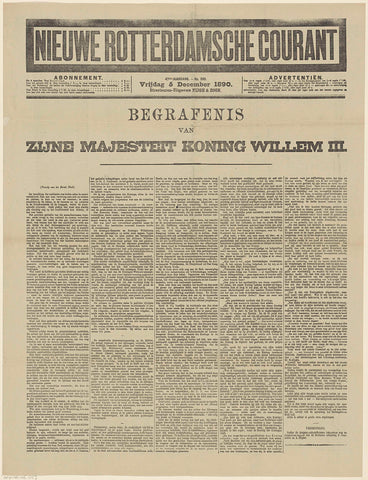 Newspaper with an article about the funeral of William III, king of the Netherlands, on December 4, 1890, Nijgh & Son, 1890 Canvas Print