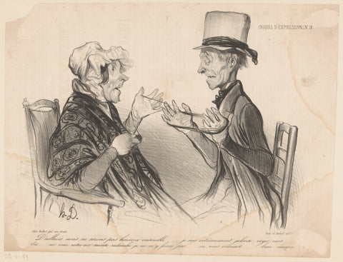 Old widower helps old woman unwind a ball of wool, Honoré Daumier, 1838 Canvas Print