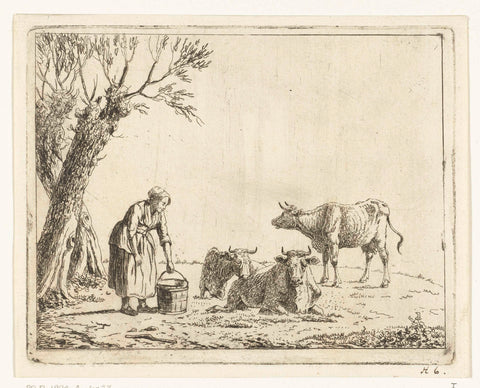 Landscape with woman with milk bucket at three cows, Cornelis Bisschop (1762-1829), 1777 - 1829 Canvas Print