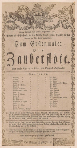 Photo reproduction of a printed announcement of the first performance of 'Die Zauberflöte' at the Wiednertheater in Vienna on 30 September 1791, anonymous, c. 1870 - c. 1900 Canvas Print