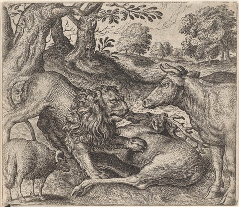 Fable of the lion, the cow and the sheep on the hunt, Aegidius Sadeler, 1608 Canvas Print