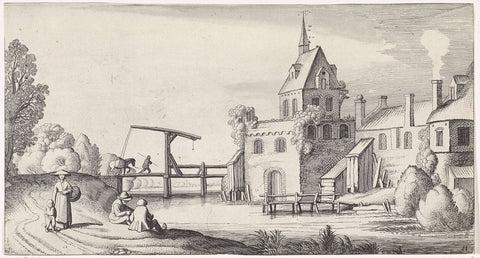 Figures at a drawbridge in front of a village with a church tower, Jan van de Velde (II), 1639 - 1641 Canvas Print