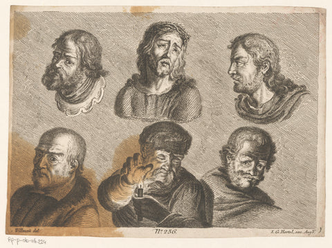 Six men's heads, including Christ and a Man with Candle, Johann Georg Hertel (I) (possibly), 1705 - 1775 Canvas Print