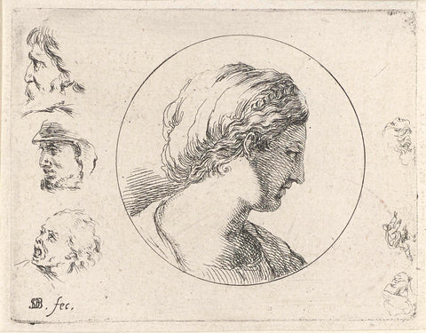 Head of a woman in profile to the right in a circle and three heads of men, used to left, Stefano della Bella, 1620 - 1664 Canvas Print