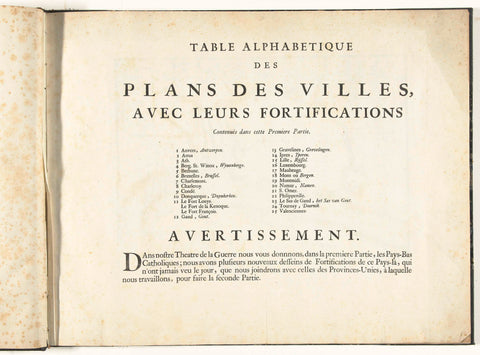 Table of contents for the first part of the print: Le Theater de la Guerre, dans les Pays-Bas, 1696, Nicolas de Fer, 1696 Canvas Print