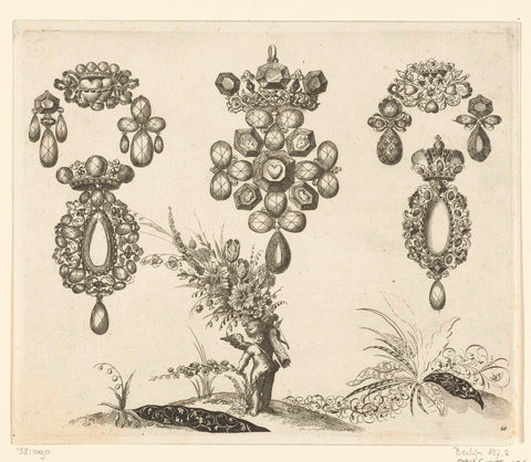 Nine brooches and earrings, Johannes Jacobsz Folkema, after 1697 - before 1718 Canvas Print