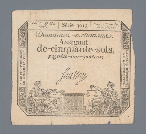 Assignat of fifty sols, series 3013 issued May 23, 1793, Nicolas Marie Gatteaux, 1793 Canvas Print