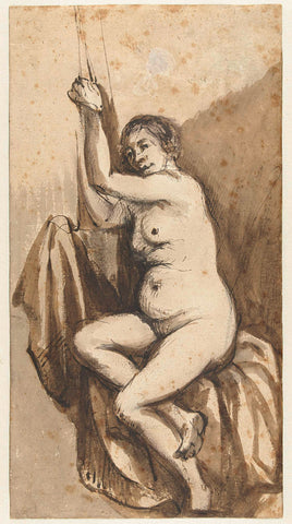 Seated Female Nude with Raised Arms, Johannes Raven (attributed to), 1658 - 1662 Canvas Print