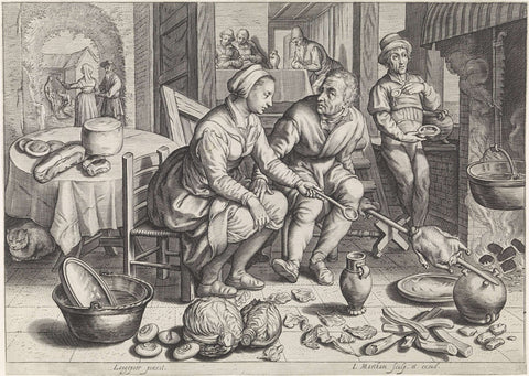 Kitchen piece with chicken on a spit, Jacob Matham, 1603 Canvas Print