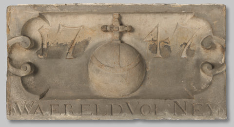 Façade stone with image of the globe with cross on which 1747. Inscription: DE WAERELD VOL NEYD., , c. 1747 Canvas Print