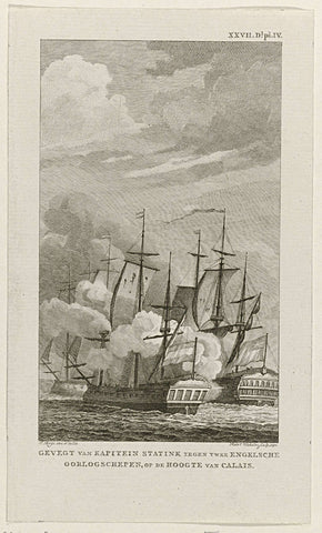 Captain Statink at Calais in combat with two English warships, 1780, Reinier Vinkeles (I), 1792 Canvas Print