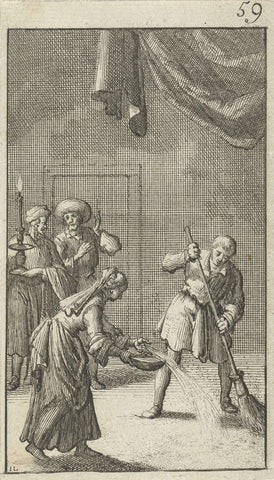 Christen kijkt toe hoe een man en vrouw de vloer schoonmaken, Jan Luyken, 1684 Canvas Print