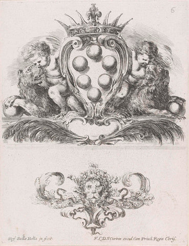 Cartouche met wapenschild en vignet met leeuwenkop, Stefano della Bella, 1646 Canvas Print