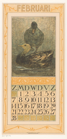 Calendar sheet February with standing and swimming duck, Theo van Hoytema, 1908 Canvas Print