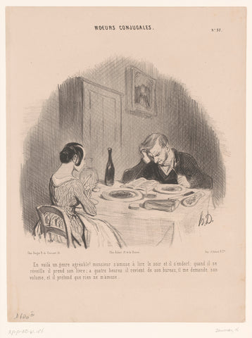 Man reads at the table during dinner, Honoré Daumier, 1842 Canvas Print