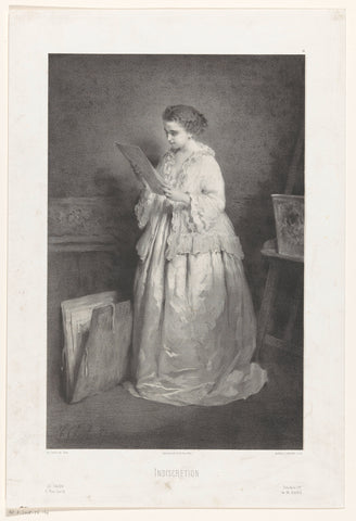 Young woman looks at a print or drawing, Alfred François Lemoine, 1862 Canvas Print