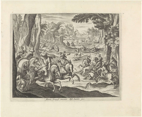 Landscape with lion hunt, Justus Sadeler (possibly), 1600 - 1620 Canvas Print