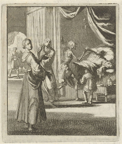 Woman points to Death that makes a figure drink a cup on his deathbed, Jan Luyken, 1687 Canvas Print