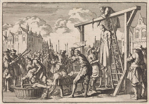 In London, the Jesuit William Ireland is hanged and John Grove is quartered for a planned king's assassination, 1679, Jan Luyken, 1698 Canvas Print