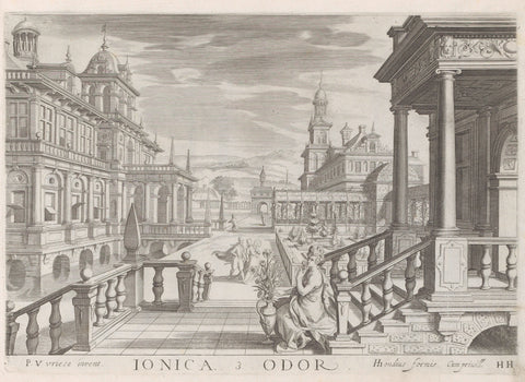 Portal of a building with Ionic columns and the sense smell, Hendrick Hondius (I), 1620 Canvas Print