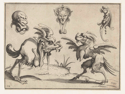 Two samples with three masks above, anonymous, c. 1604 - c. 1616 Canvas Print