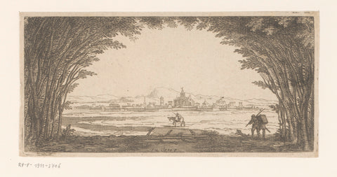 View of a city seen from under an arch of trees, anonymous, Sébastien Leclerc (I) (copy after), 1647 - 1714 Canvas Print