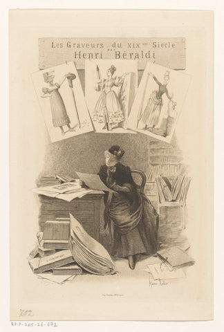 Woman looks at prints behind a desk, Eugène Gaujean, 1899 Canvas Print