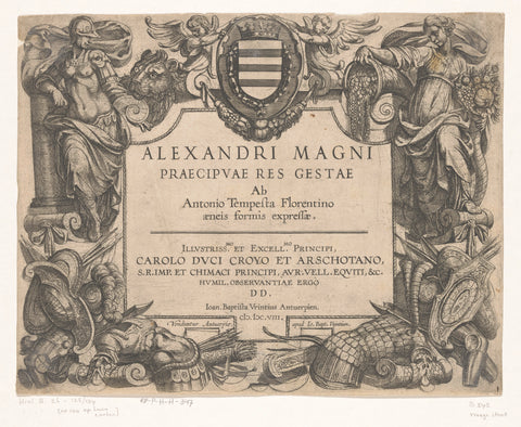 Title print with cartouche with personifications of Steadfastness and Multiplicity, two putti with a coat of arms, weaponry and title, Antonio Tempesta, 1608 Canvas Print