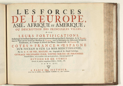 Titelpagina voor het prentwerk: The Forces of Europe, Asia, Africa and America (...) Comme aussi les Cartes des Côtes de France et d'Espagne (deel XVI), 1726, Pieter van der Aa (I), 1726 Canvas Print