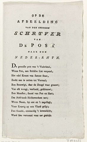 Blad met verzen op het portret van Pieter 't Hoen, de schrijver van 'De Post van den Neder-Rhijn', en op Philippus Verbrugge, de schrijver van 'De Post naar den Neder-Rhijn', ca. 1782-1784, anonymous, 1782 - 1784 Canvas Print