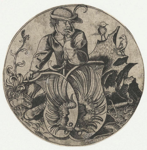 Coat of arms with wings, held by a peasant, Martin Schongauer, 1470 - 1500 Canvas Print