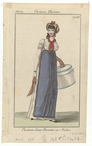 Journal des Dames et des Modes, Costume Parisien, 2 November 1803, Year 12, (508): Costume d'une Ouvrièr (...), anonymous, 1803 Canvas Print