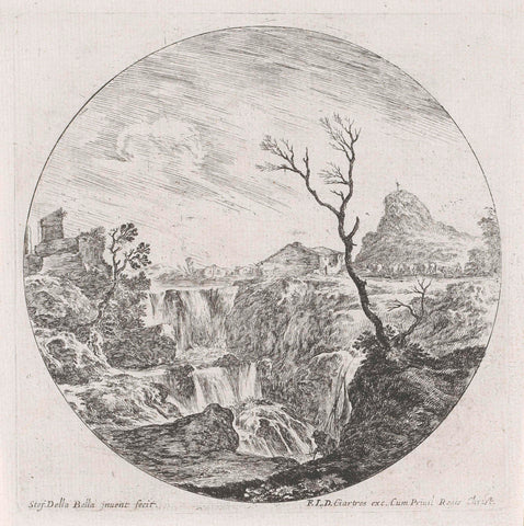 Landscape with waterfall, Stefano della Bella, 1620 - 1664 Canvas Print