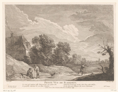 Landscape with three men and a dog at a house, Jacques-Philippe Le Bas, 1744 Canvas Print