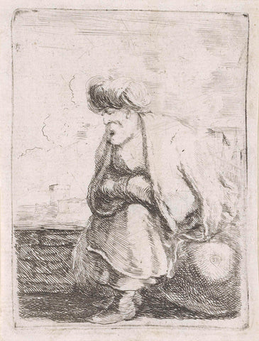 Old Turkish man with beard and turban sitting on a stone, Stefano della Bella, 1620 - 1664 Canvas Print