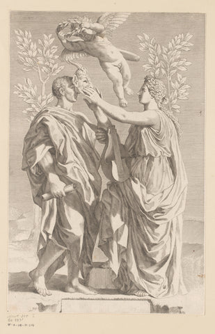 Muse puts on Horace a satyr mask, Claude Mellan, 1642 Canvas Print