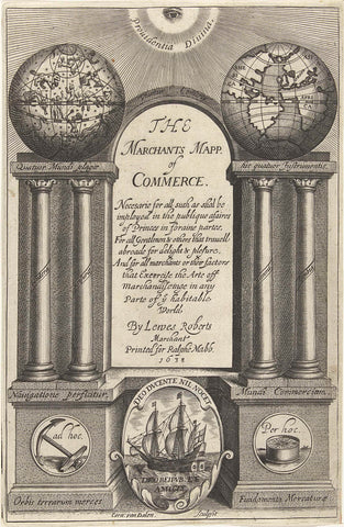 All-seeing eye looks down on architecture crowned with world globe and celestial globe on columns on either side of title, two medallions on pedestal with anchor and compass flanking shield with nave, Cornelis van Dalen (I), 1638 Canvas Print