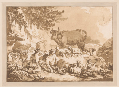 Resting saters between sheep and a cow in a landscape, Jean Baptist Leprince, 1768 Canvas Print