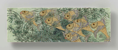 Tile tableau, painted with fish in seaweed, Bert Nienhuis (I), c. 1896 - c. 1901 Canvas Print