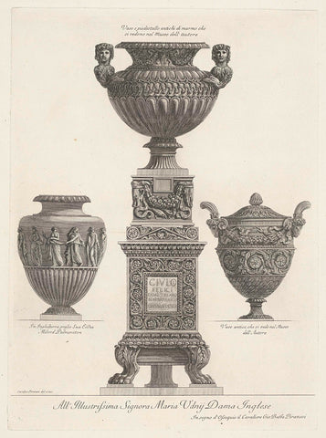 Three vases, one of which is on a pedestal, Giovanni Battista Piranesi, 1778 Canvas Print