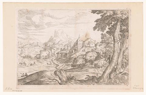 Landscape with buildings on a river, Jean Pesne, 1666 - 1695 Canvas Print