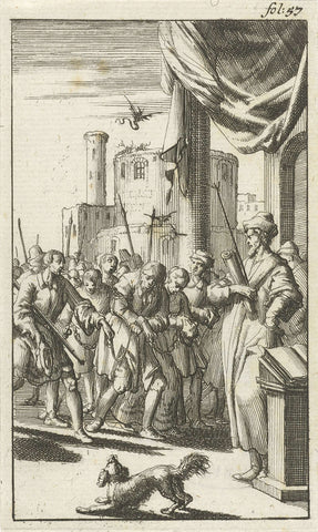 Prisoners are handcuffed before the judge, Jan Luyken, 1687 Canvas Print