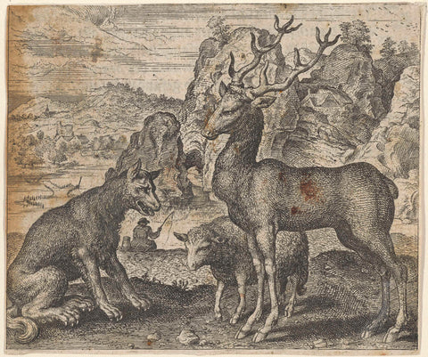 Fable of the deer, wolf and mutton, Aegidius Sadeler, 1608 Canvas Print