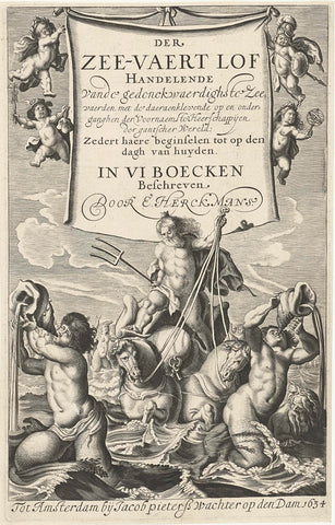 Neptune standing on shell drawn by horses in the midst of sea creatures, above him hold four putti cloth with title, Cornelis van Dalen (I), 1634 Canvas Print