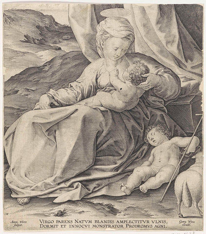 Mary with the Christ Child and the young John the Baptist, Antonie Wierix (II), 1588 Canvas Print